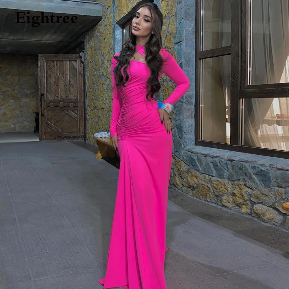 

Eightree Modern Light Pink Prom Dress Halter Collar Mermaid Party Gowns Floor-Length Satin Long Sleeves Occasion Dresses Evening