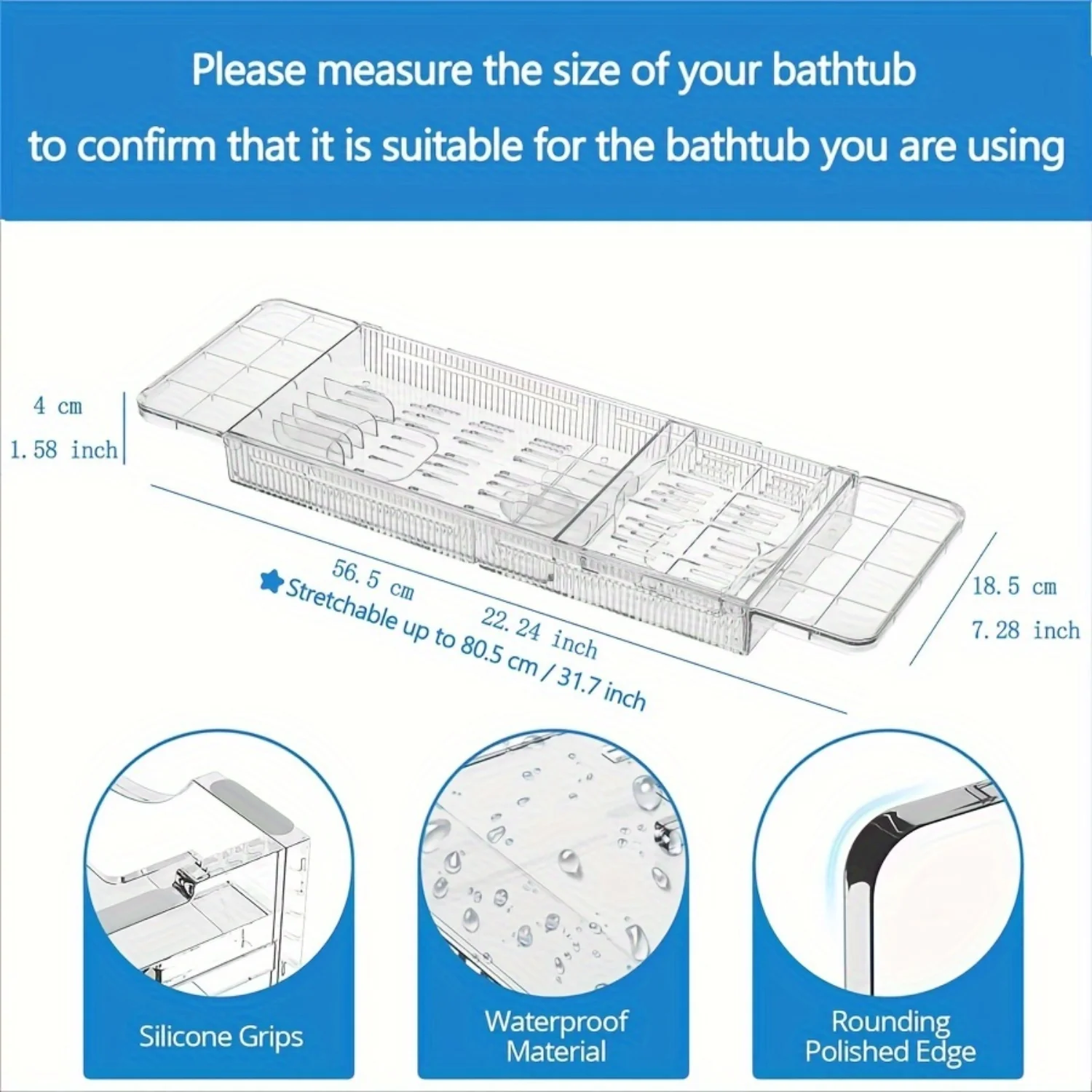 1PC Retractable Bathtub Rack-Space-Saving Bathroom Organizer with Adjustable Shower Tray, Bucket Holder, and Board-Durable