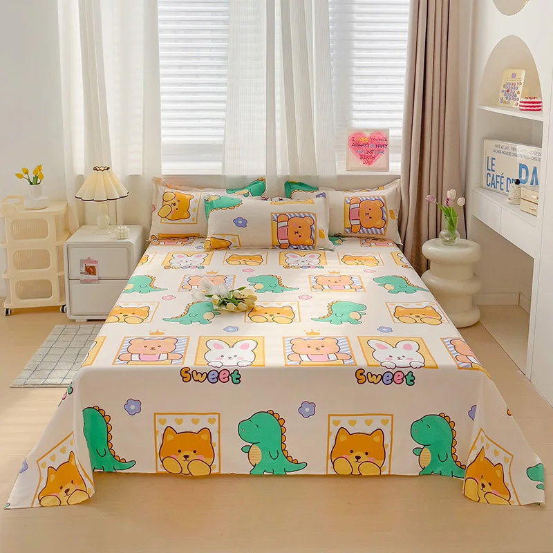Cartoon Flat Sheet with 2 Pillowcases Soft Comfortable Kawaii Bear Rabbit Dinosaur Print Bed Sheet Set Microfiber Bed Cover,Twin 1