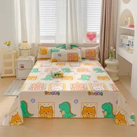 Cartoon Flat Sheet with 2 Pillowcases Soft Comfortable Kawaii Bear Rabbit Dinosaur Print Bed Sheet Set Microfiber Bed Cover,Twin 1
