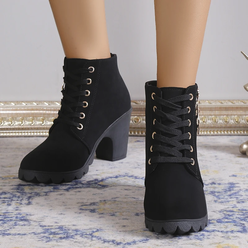 Women's boots Autumn and winter fashion rhinestone pendant large size lace-up ankle boots thick heel brown black