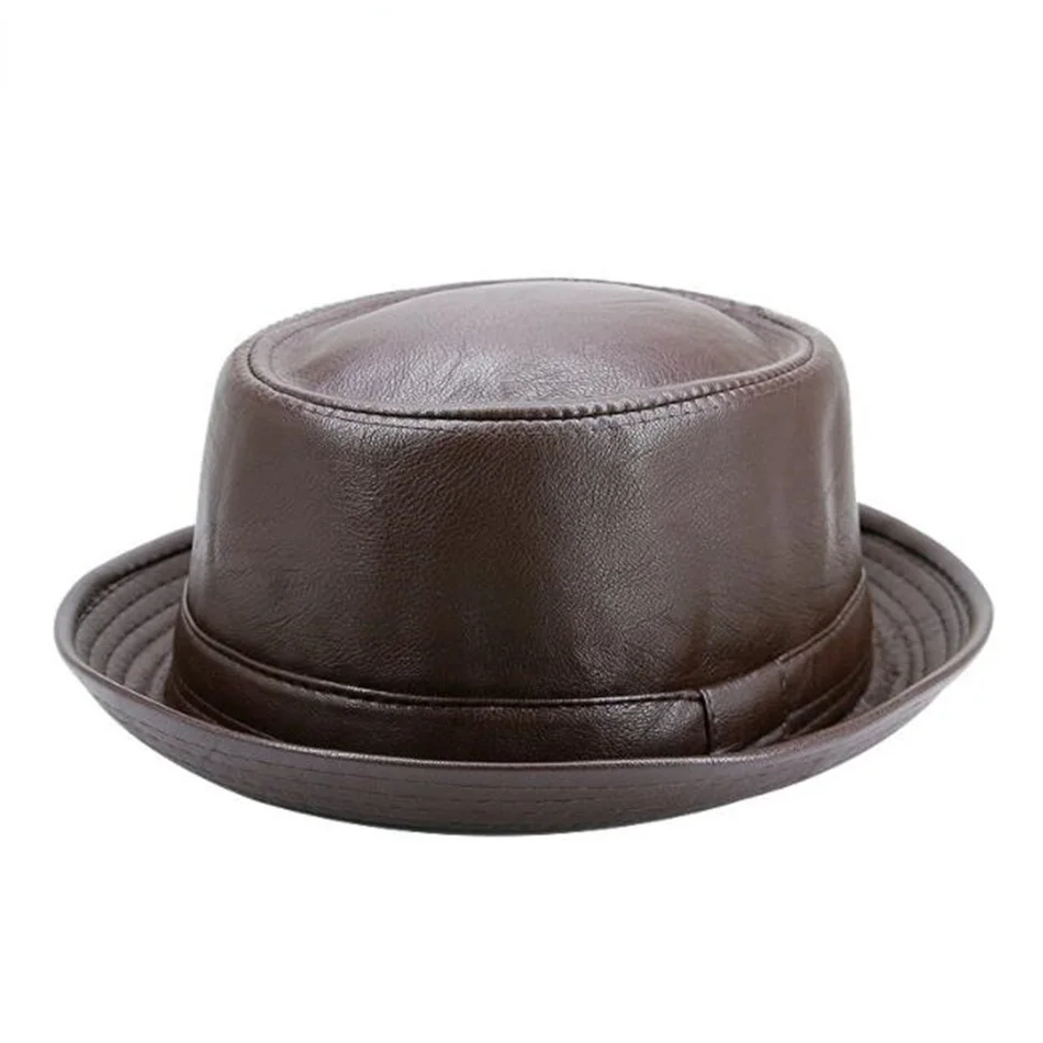 New Fashion Men Black Leather Trilby Hat Male Fedora Cap Retro Women Autumn Brand Porkpie Caps Men's Vintage Jazz Hats 2