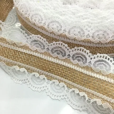 

10m Natural Jute Burlap Hessian Lace Ribbon Roll+White Lace Vintage Wedding Decoration Party Christmas Decorative AA8078