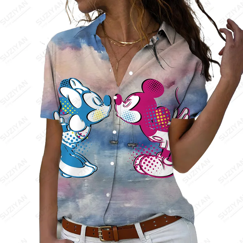 

Элегантная женская рубашка, модная Свободная рубашка, повседневная женская рубашка с цветочным принтом Микки Мауса, свободная женская рубашка, топы с коротким рукавом