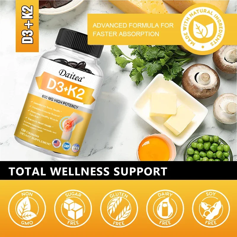 Vitamin D-3 and K-2 Supplement 600 Mg Cardiovascular Bone Dental Metabolism Immune Heart Health Vegetarian Capsules