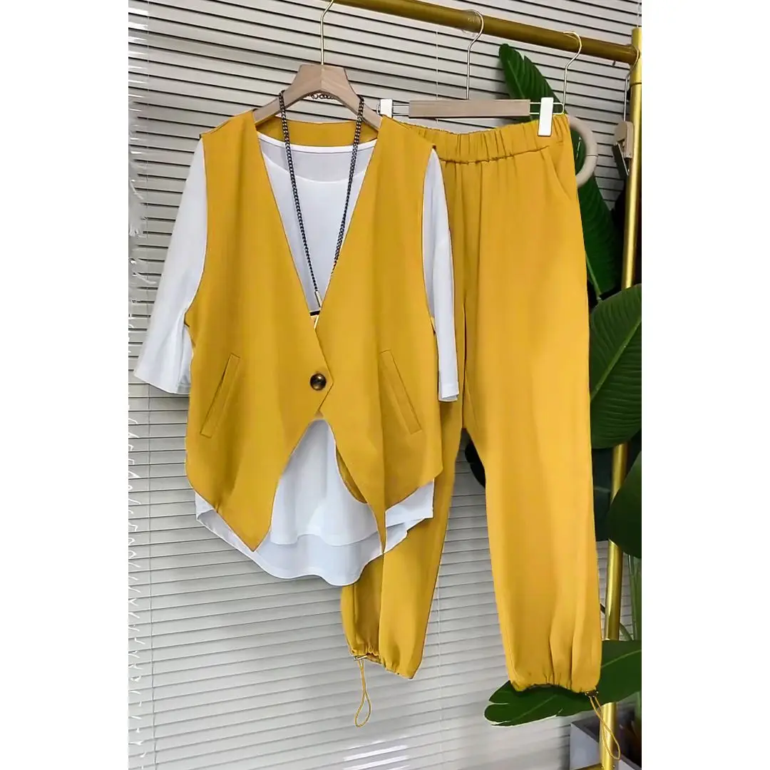 Fashion Women's Set Spring/Summer Korean Edition Tank Top T-shirt Casual Pants Slimming and Age Reducing Three Piece Set