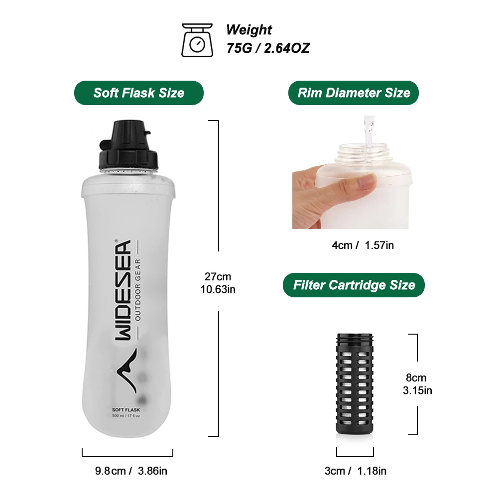 Widesea 500ML 접이식 TPU 소프트 워터 플라스크(0.1 미크론 필터 카트리지 포함) BPA 프리 초경량 워터 보틀(캠핑 하이킹용)