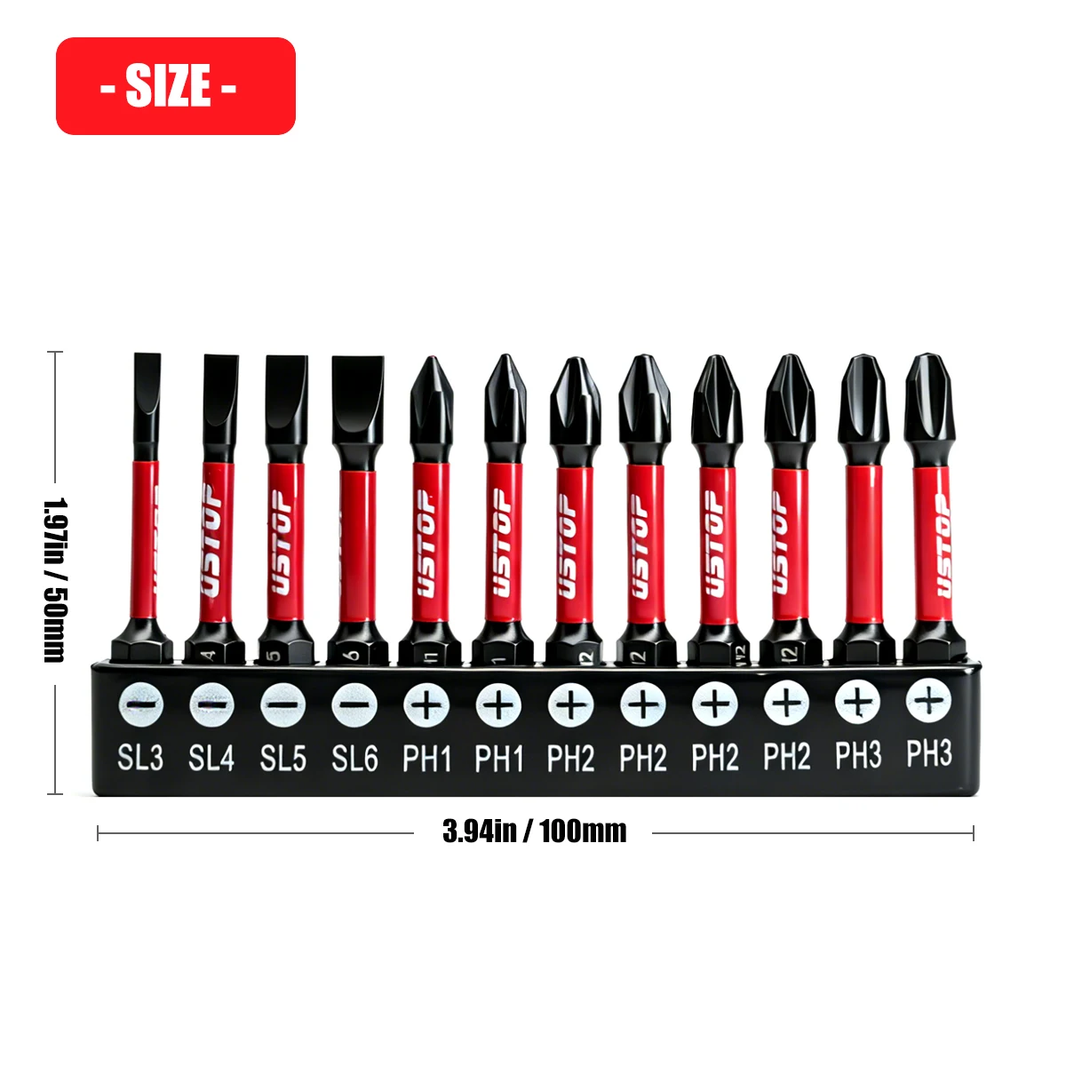 Ustop, 12-teiliges Set SL- und PH-Schlagschrauberbits, 50 mm, magnetische Bits, S2-Stahlmaterial, universeller 1/4-Zoll-Sechskantschaft, kompatibel – Detail 5