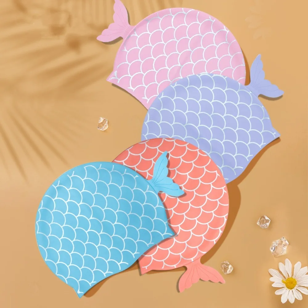 Cartoon Mermaid Tail Swimming Cap Silicone Swimming Cap Waterproof Swim Hat Kids Girls Free-diving Surfing Swimming Accesories 4