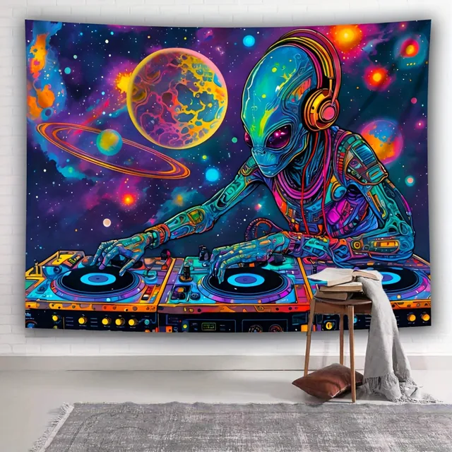 Alien DJ galaxie tapisserie fluorescente filant dans l'espace extérieur tapisserie UV tenture murale chambre décoration de fête à la maison 2