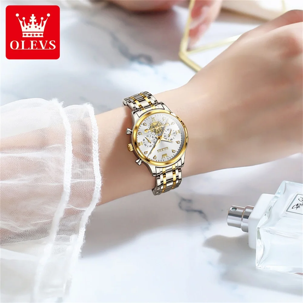OLEVS Fashion Quartz Watch for Women Stainless Steel Waterproof Chronograph Womens Watches Top Brand Luxury Clock Reloj Hombre