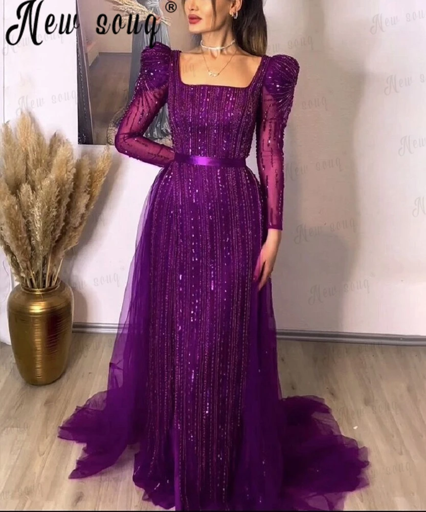 Plus Size Women Purple Robe Middle East Muslim Beaded Evening Dress With Overskirt Elegant Formal Occasion Dresses Vestido De No