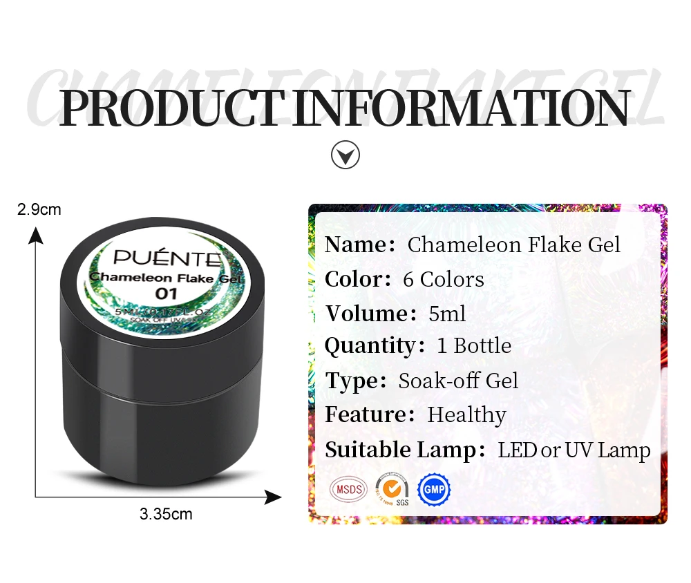 Description Picture 3 of itemPUENTE Chameleon Flake Gel Nail Polish 5ML Aurora Glitter Nail Gel Semi Permanent Varnish Hybrid Soak Off UV Gel For Manicure