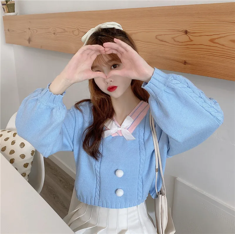 Candy Color Preppy Style Women Pullover Sweater V Neck White Pink Blue Sweet Sweater Cute Kawaii Bow Short Sweater Crop Top sweater hoodie