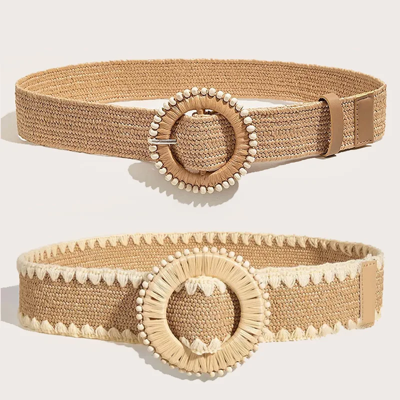 1pc Women Round Buckle Boho Straw Belt For Beach Ellipse Buckle Bead Decor Bohemian Woven Belt For Holiday
