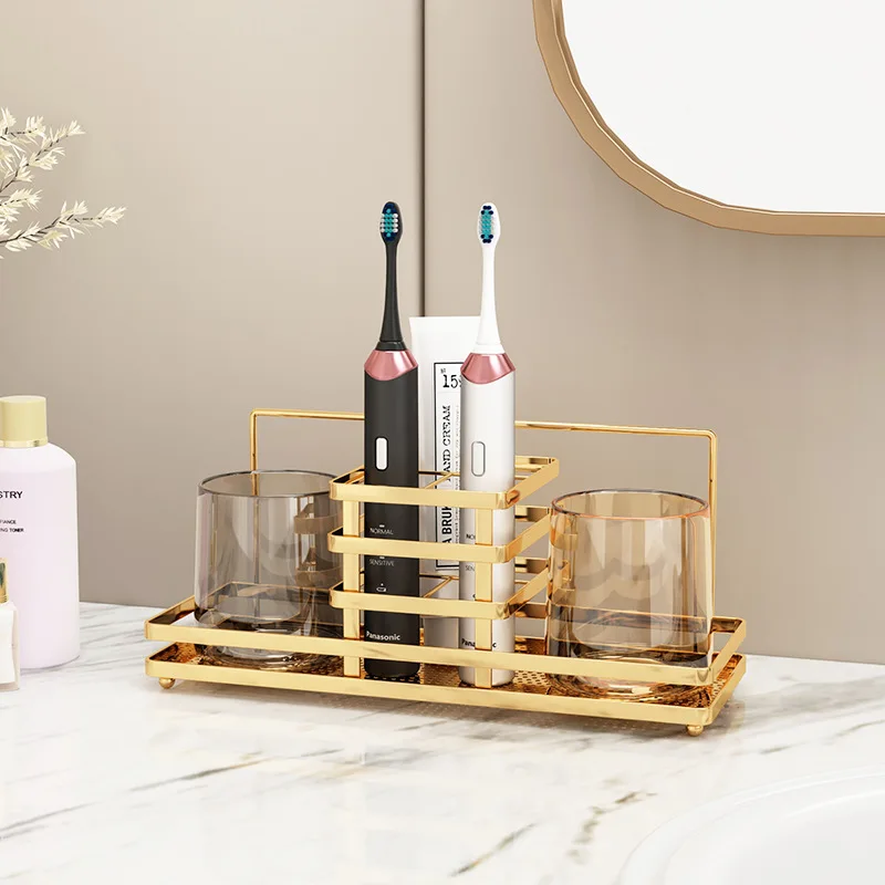 

Luxury Bathroom Shelf Carbon Steel Toothbrush Holder Without Drilling Wall Mounted Type Mouthwash Cups Toothpaste Storage Rack
