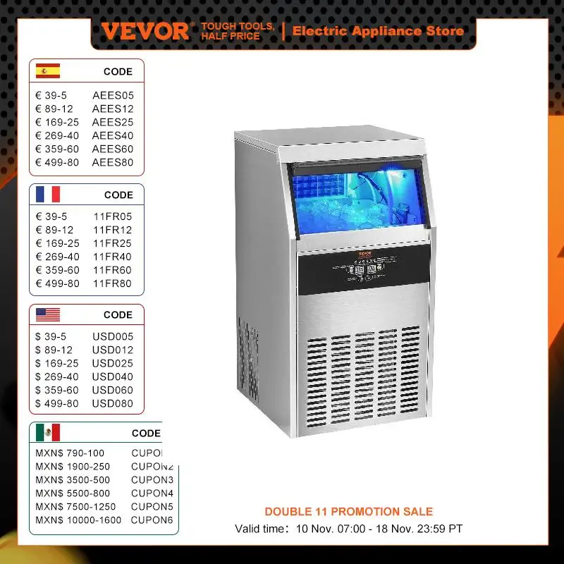 VEVOR Commercial Ice Maker 110lbs/24H 60 Ice Cubes in 12-15 Minutes 33lbs Storage Capacity LED Digital Display