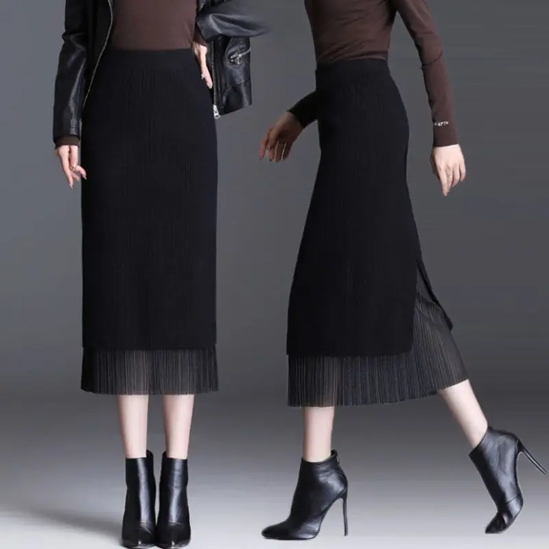 

2023 Women's Autumn Winter New High Waist Slim Skirts Female Long Package Hip Skirts Ladies Warm Knitted Pencil Skirts Y513