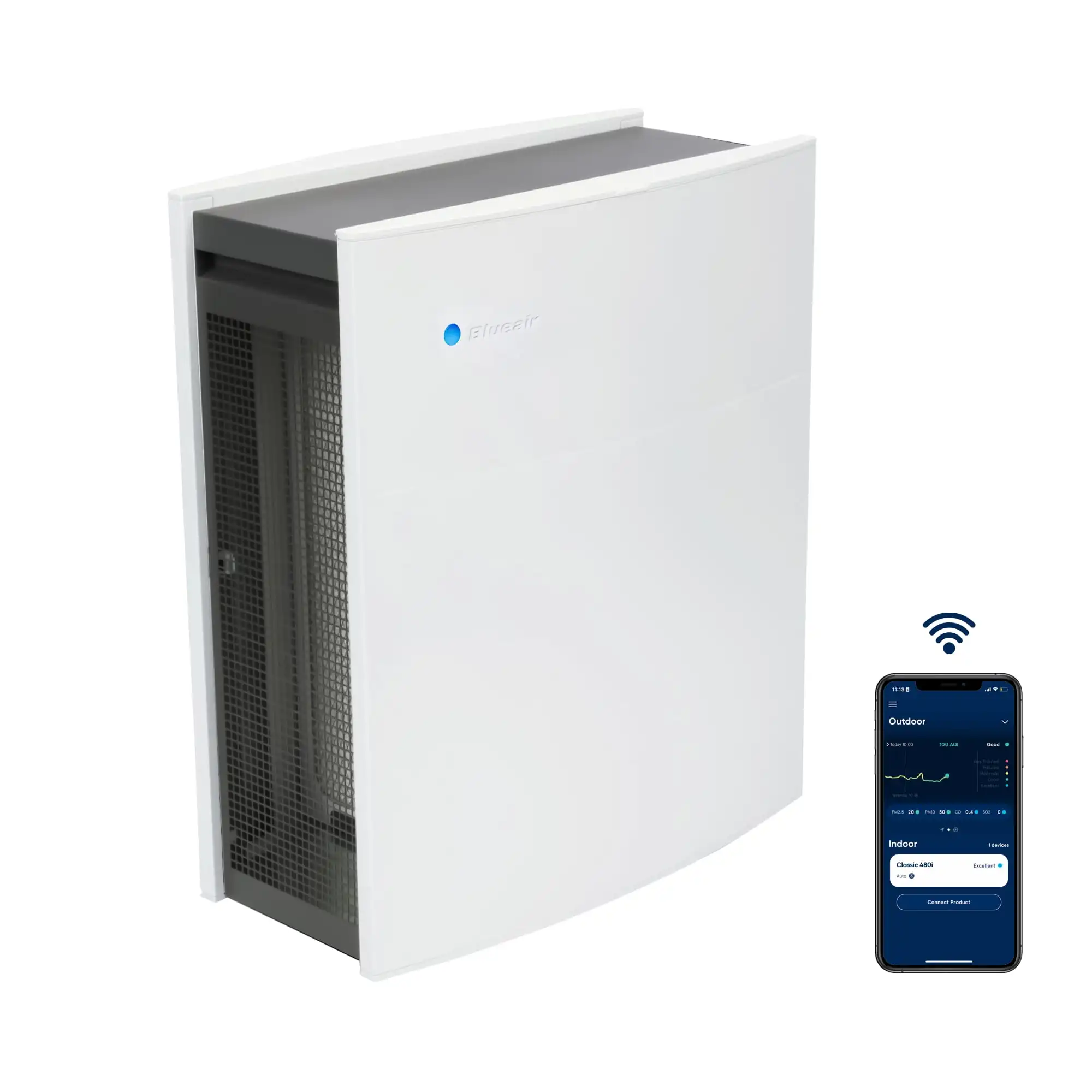 

Очиститель воздуха Blueair Classic 480I оснащен бесшумной технологией HEPA и двойным защитным фильтром для комнат среднего и большого размера