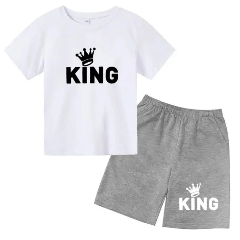 thumbnail image 1 of Conjunto de 2 piezas de camiseta y pantalones cortos con estampado de letras para niños y adolescentes de verano de 4 a 14 años, ropa informal de manga corta para niños y niñas, 1 of 5