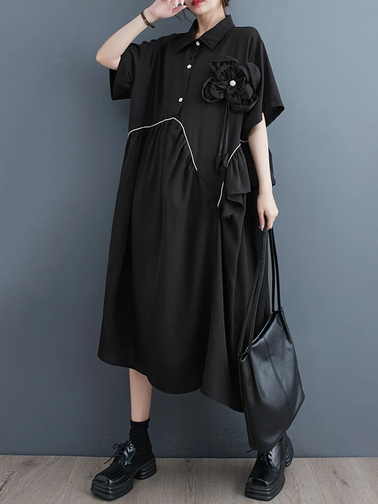

Irregular Patchwork Pleated Vintage Dresses For Women Short Sleeve Loose Casual Midi Dress Fashion Elegant Clothes Summer 2023