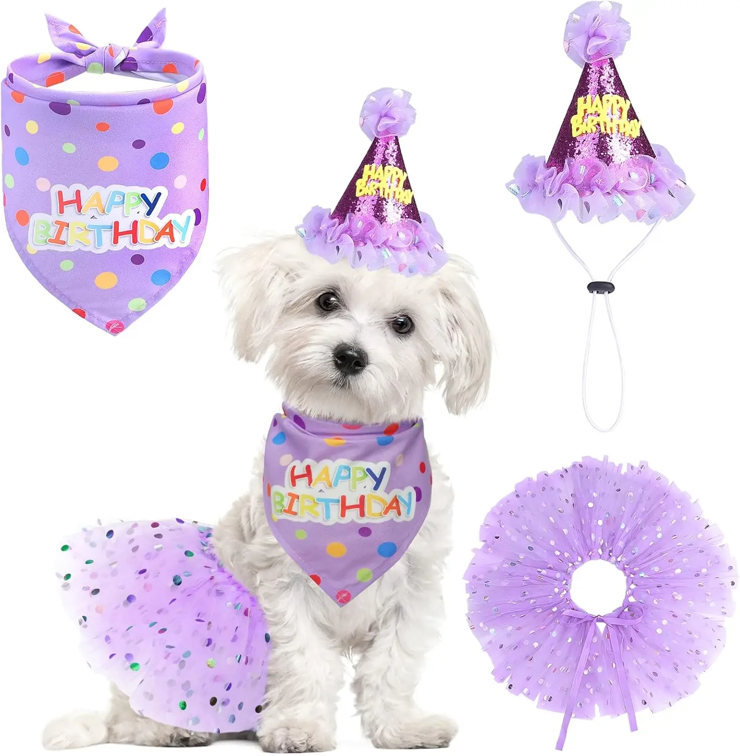 Dog Birthday Bandana with Hat and Dress Girl Set Cute Tutu Skirt Outfit for Small Medium Large Dogs