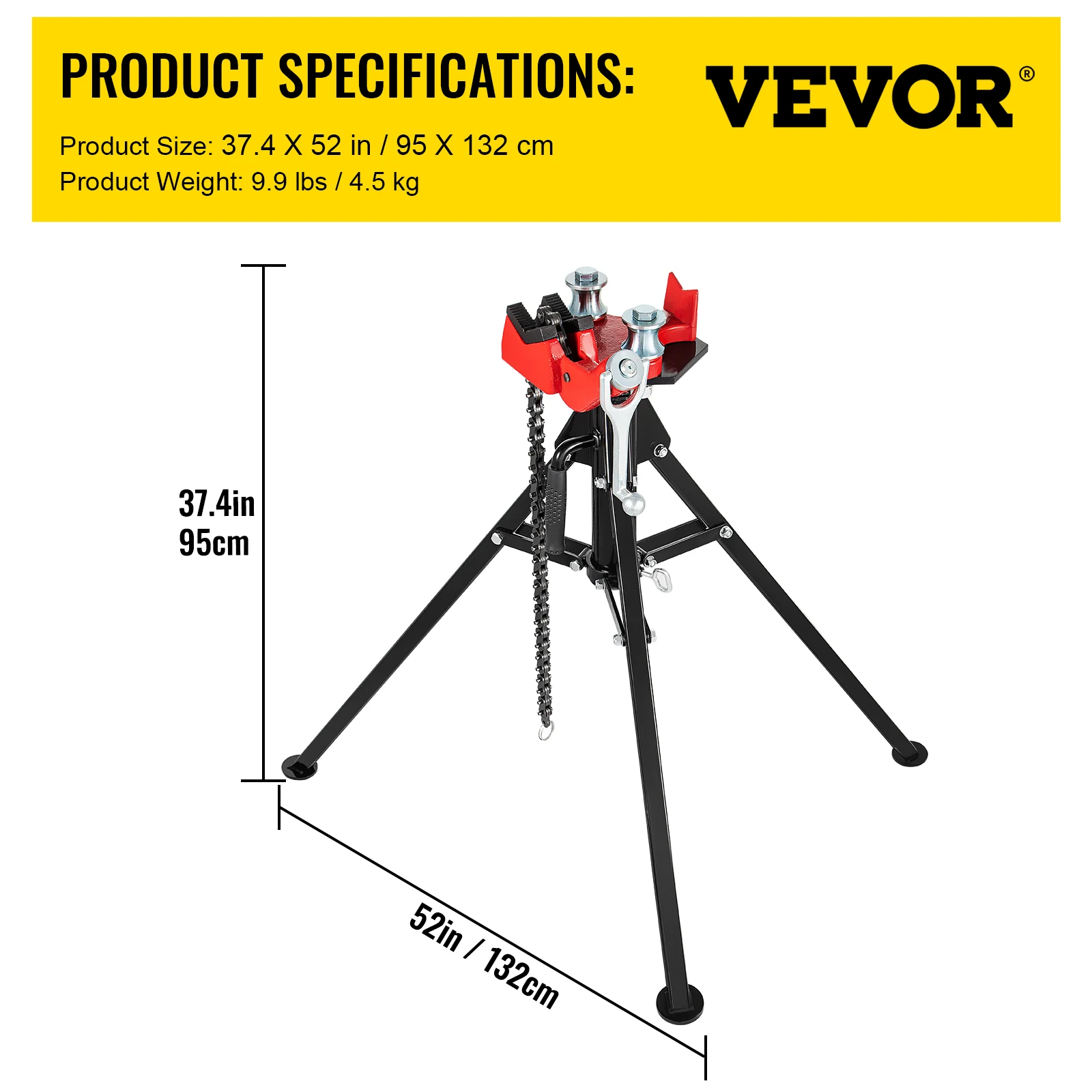 VEVOR Steel Tripod Pipe Chain Vise 1/8-5in Capacity Foldable Legs Tri-Stand Bench Vice for Fixing Supporting Bending Metal Pipes 6