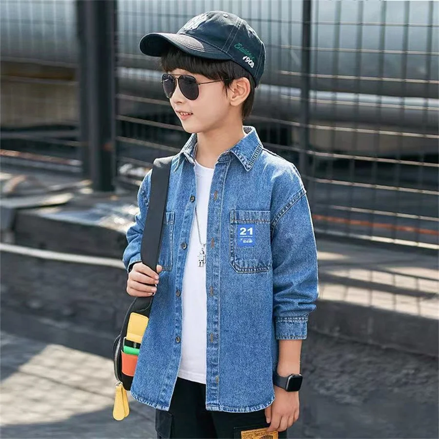 Autumn Boys Casual Jeans Shirt Baby Kids Toldder Children Long Sleeve Denim Blouse 3-12years