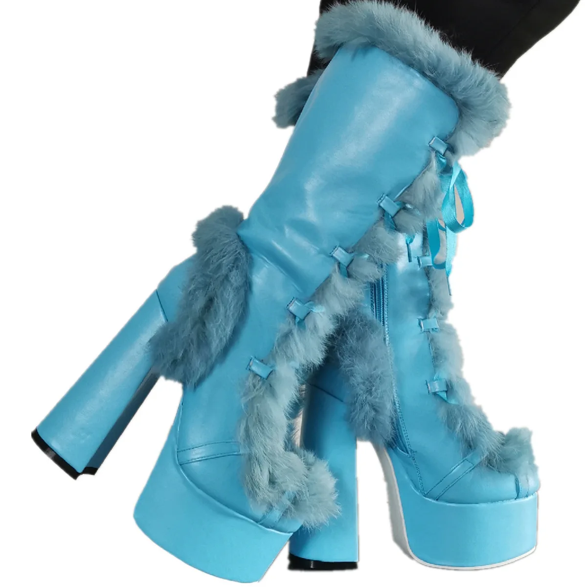 

Winter Autumn Knee High Boots Blue Platform Furry Boots Chunky High Heel Women Faux Fur Knee Boots Gladiator Lace Up Tall Boot