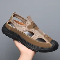 Men's Summer New Breathable Mesh Covered Toe Sandals Soft Bottom Hole Hole Casual Beach Shoes Driving Cross-Border