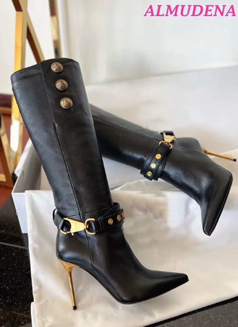 

Suede Metal Buckled Women Boots Winter Pointed Toe High Heels Leather Knee High Boots botas mujer Black Luxury Designer Shoes