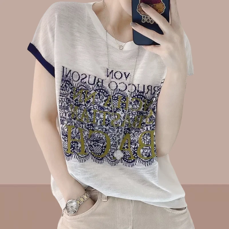 Korean High-end Thin Women's T-shirt Knitwear Short Sleeve 2023 O-Neck Summer New Fashion Short Sleeve Letter Printed Tops