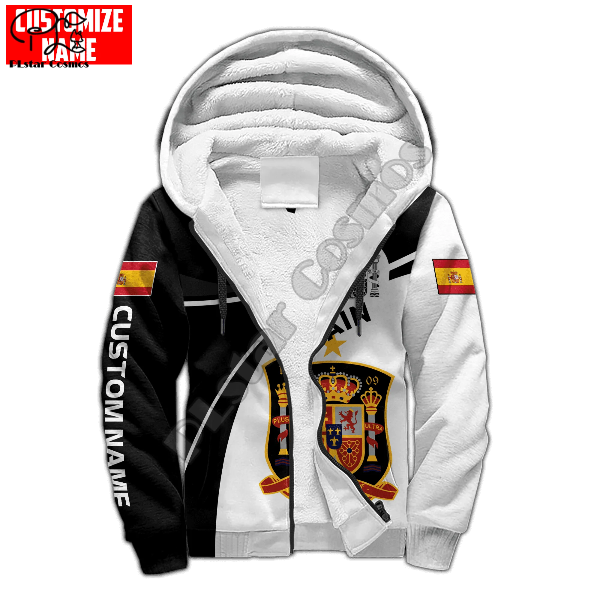 PLstar Cosmos Spain National Emblem 3D Printed Winter Clothing Casual Warm Hood Thick Coat Zipper Man Fleece Hoodies Jacket S24