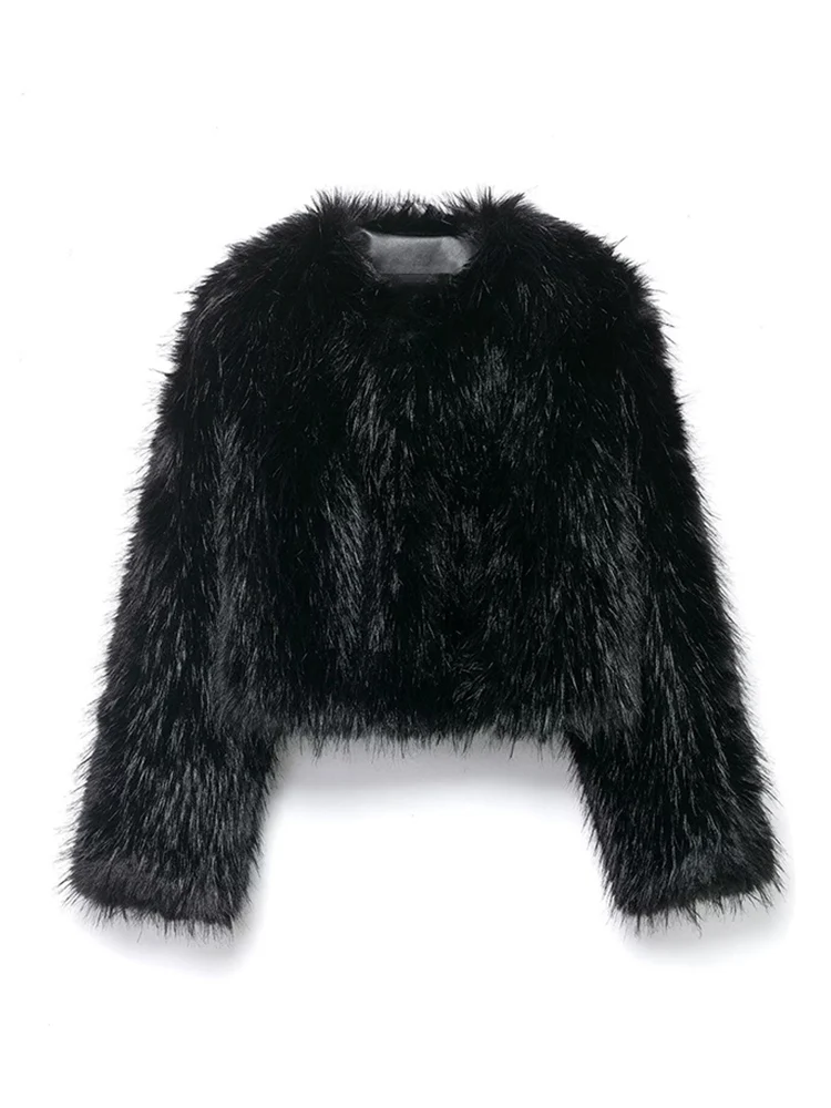 Women Fashion Fur Short Top Long Sleeves O-neck Solid Color Jacket Autumn and Winter Female Faux Fur Casual Vintage Outwear