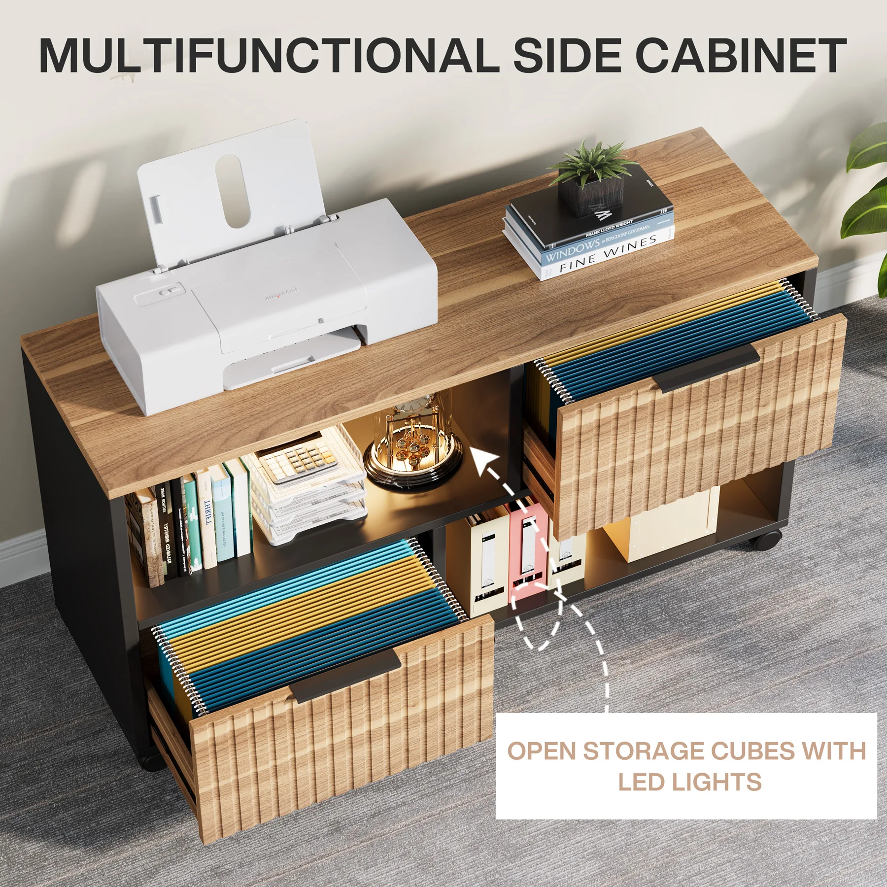 Tribesigns L Shaped Executive Desk and 2 Drawer Led Light File Cabinet Combo, 63 inch Computer Desk Writing Table Furniture Set