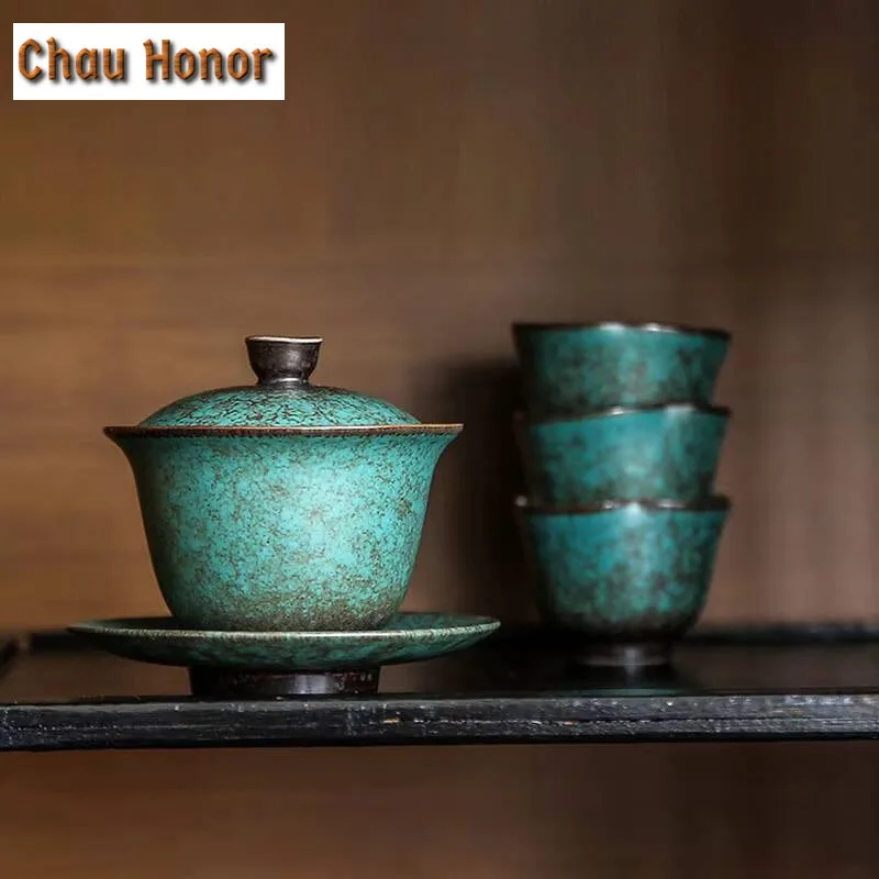 150ml Japanese Style Turquoise Glaze Ceramic Sancai Gaiwan Retro Kiln Change High-capacity Tea Cover Bowl Drinkware Customized