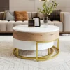 Modern Round Lift-top Nesting Coffee Tables with 2 Drawers for Living Room White & Natural 6