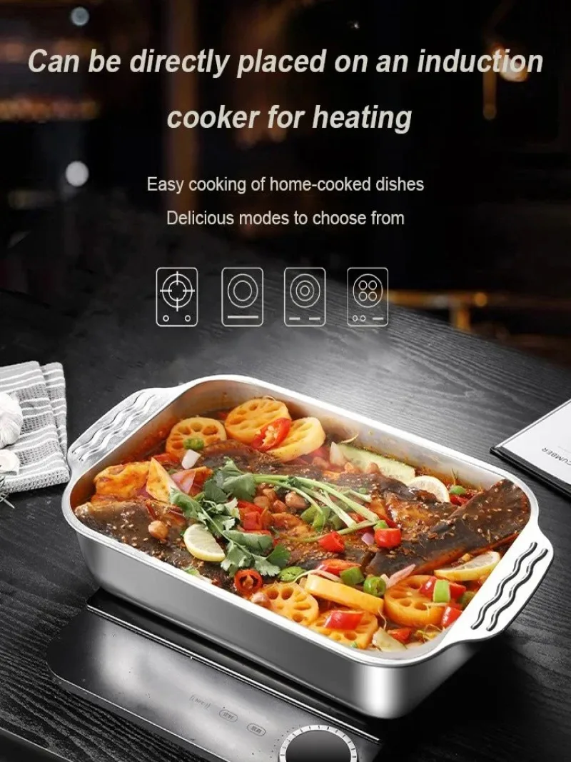 Large Capacity Stainless Steel Thickened Deepened Multi-Purpose Fish Grilling Plate With Lid Household Multipurpose Grill Pan