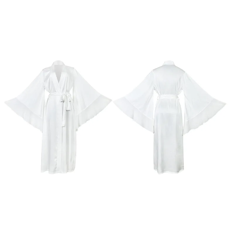 White Satin Long Sleeve Chiffon Cuffs Long Robe For Woman Pajamas Night Dress Soft Silky Comfortable Women's Sleepwear Home Wear