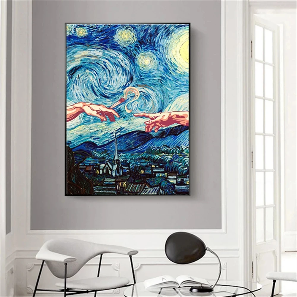 

Famous Starry Sky Canvas Painting God Hands Poster And Prints Vintage Wall Art Funny Picture for Living Room Modern Home Decor