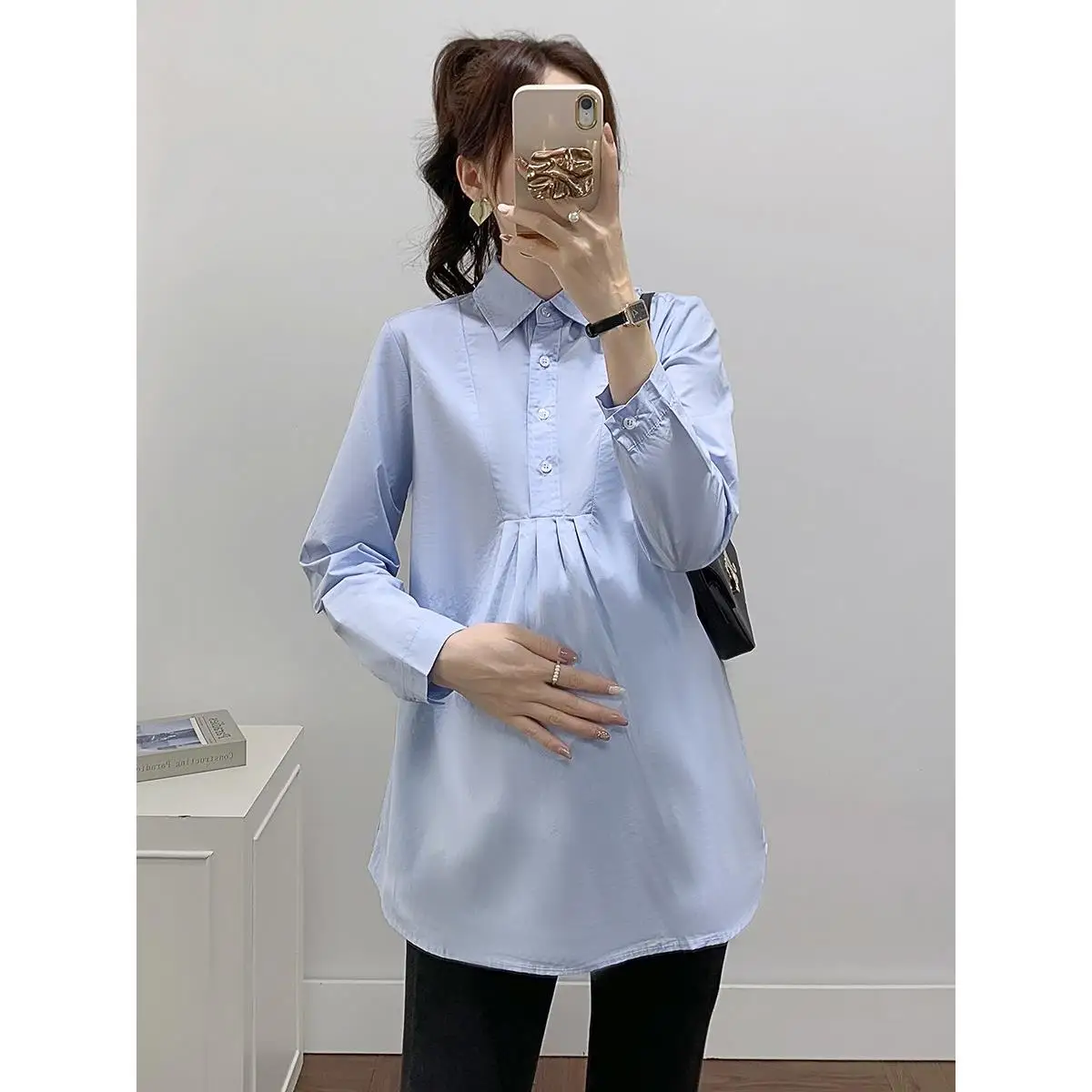 임산부용 긴팔 셔츠, 카라형, 루즈핏, 봄/가을, 블루/화이트, 전문직/캐주얼, 임산부 의류
