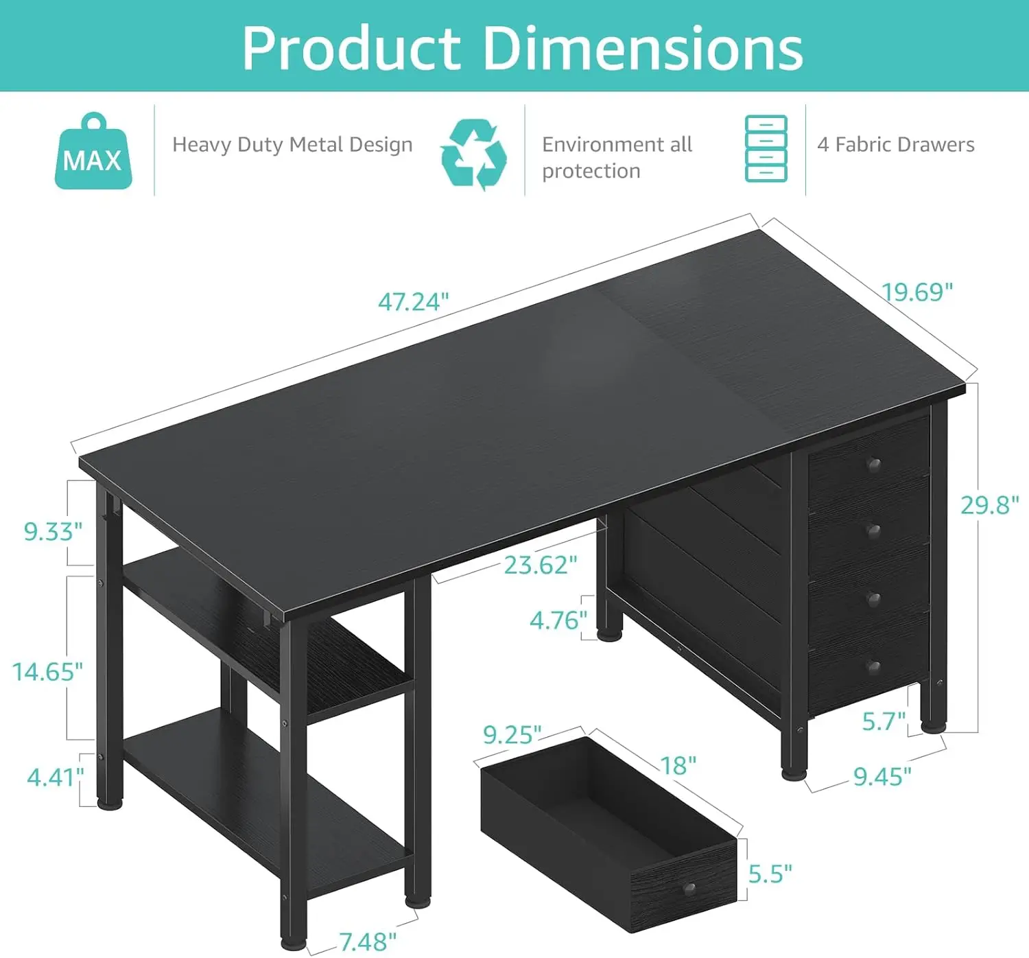 Gaming Desk with 4 Fabric Drawers & Storage Shelves 47 inch Computer Writing Work Study Desk for Home Office Bedroom Modern Simp