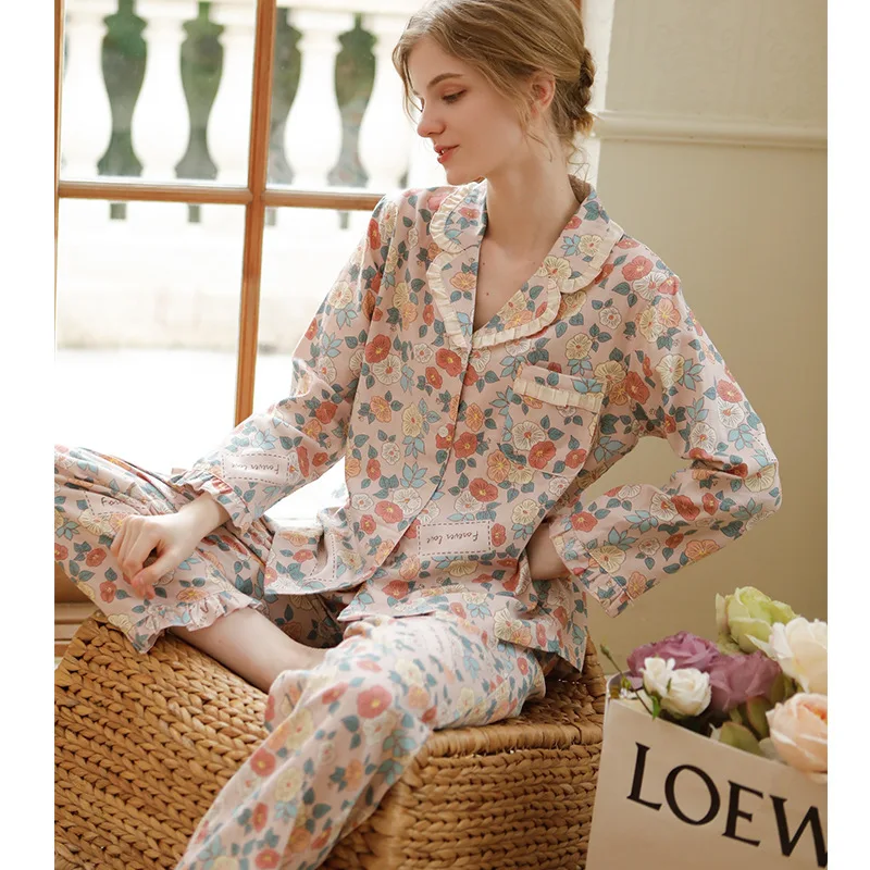 

2023 New Cotton Gauze Pajamas for Women Long-sleeved Trousers Loungewear Autumn Floral Cardigan Two-piece Set Cozy Pijama Mujer