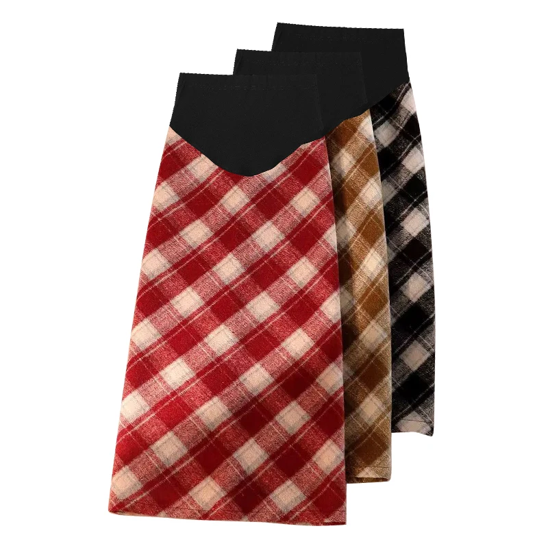 Autumn Winter Vintage Check Woolen Skirts for Maternity Elastic Waist Plaid Pencil Long Bottoms for Pregnant Women Pregnancy