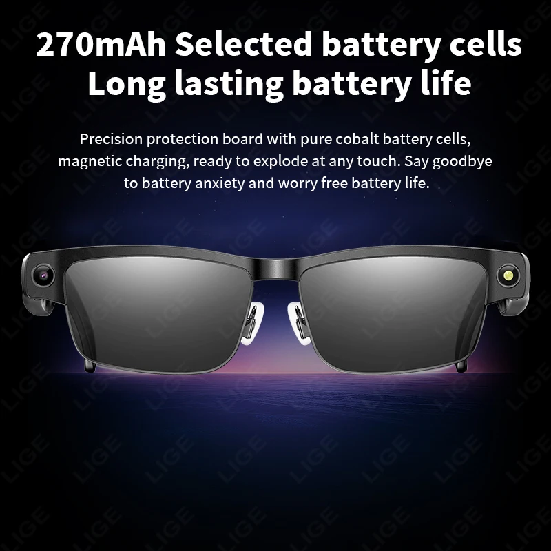 LIGE AI Smart Glasses Chat Voice Assistant Control 270mAh Battery 800W HD Camera 1200P Video Shoot Bluetooth Call Sunglasses New
