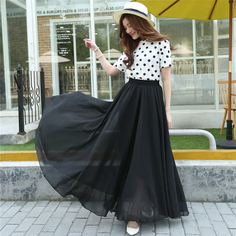 

2023 New Summer Bohemia Skirts Women Stretch High Waist Solid Chiffon Long Skirts Beach Maxi Skirt Faldas Saias Streetwear Boho