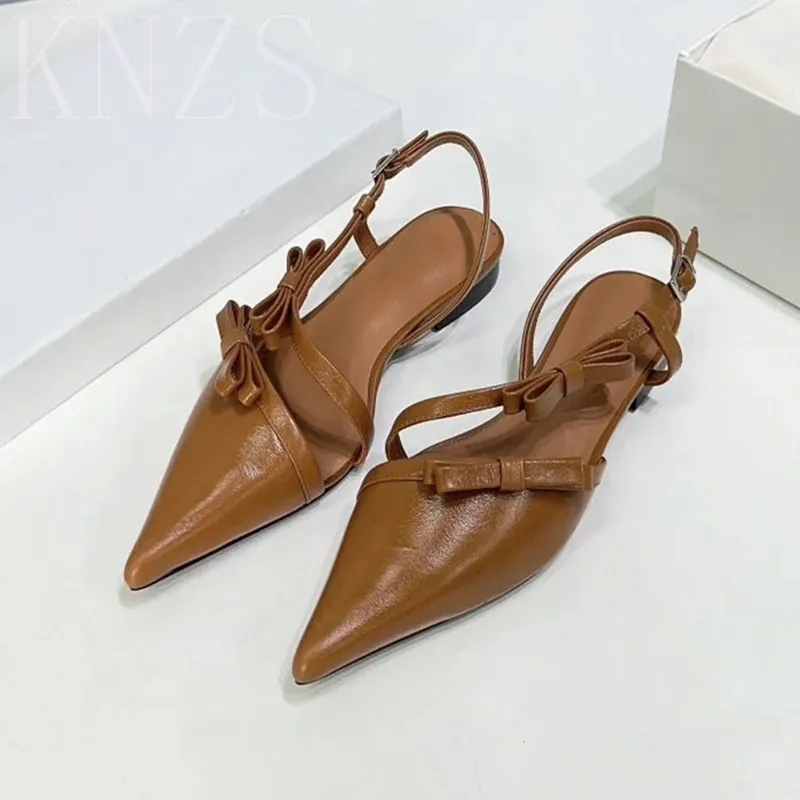 

Summer New Pointed Toe Fashion Flat Women Sandals Butterfly-Knot Decor Genuine Leather Buckle Strap Concise For Woman Shoes 2024