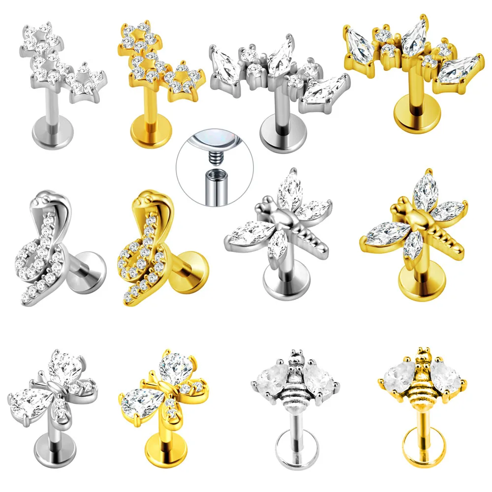 

Flower Snake Butterfly Dragonfly Labret Piercing Bee Star Heart Daith Conch Earring Umbrella Teardrop Marquise CZ Lip Stud 16G