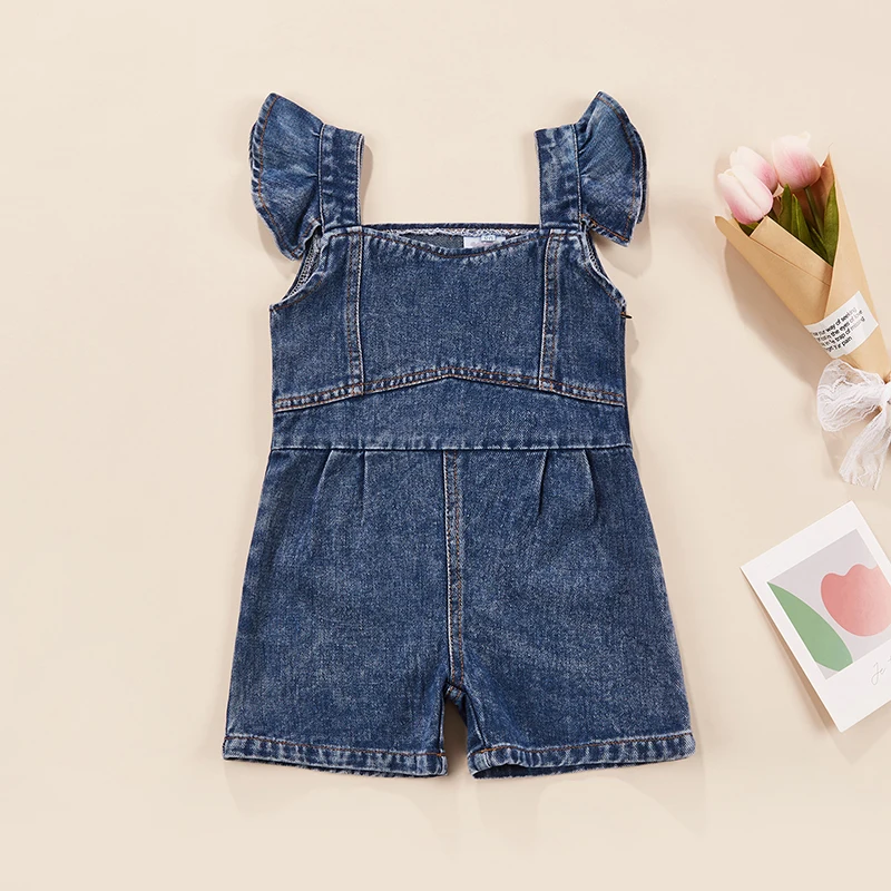 Toddler Baby Girls Denim Jumpsuits Solid Color Flying Shoulder Casual Suspender With Side Zipper
