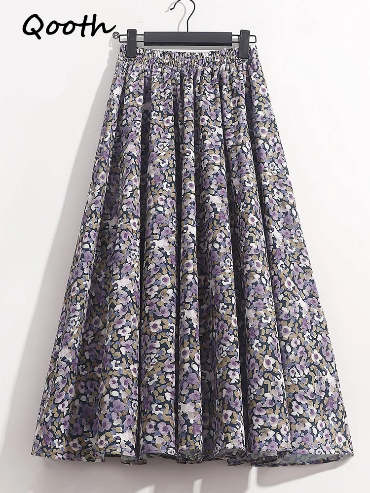 

Qooth Women Chiffon Floral Printed Skirt Purple Elegant High Waist Long A-Line Midi Length Skirt QT1759